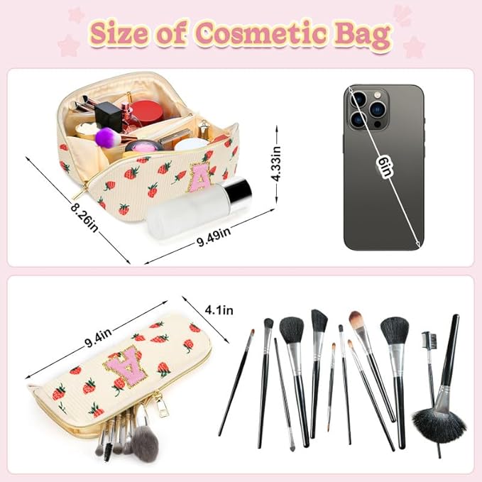 Personalized Travel Makeup Bag Set,Initial Travel Strawberry Makeup Organizer Bag,Toiletry Skincare Cosmetic Bag,Christmas Gifts for Women/Girls,Open Flat Toiletry Pouch with Brush Pocket-B