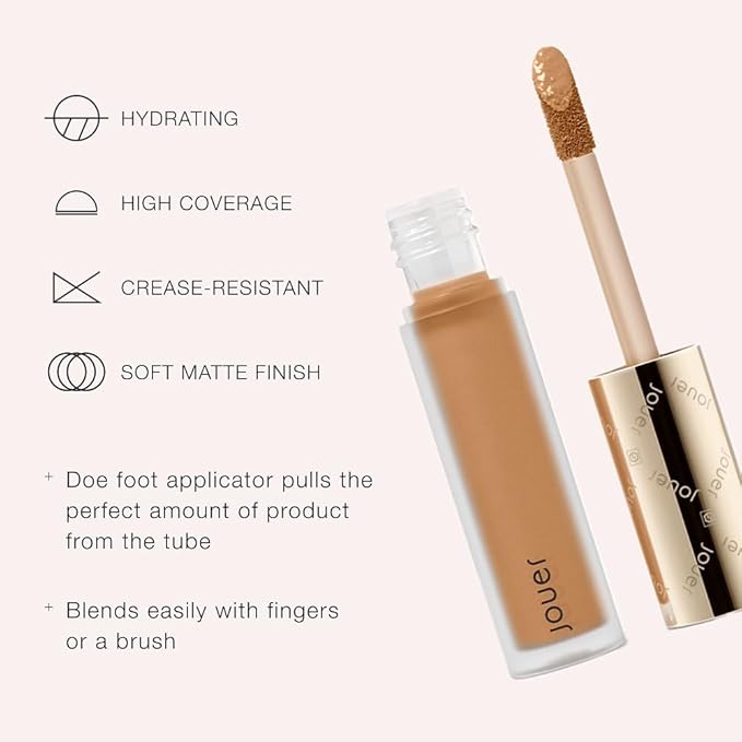 Jouer Essential High Coverage Liquid Concealer - Brightening Concealer - Color Corrector for Under Eye Dark Circles, Spot Coverage, and Eye Primer - Soft Matte Finish, Toast