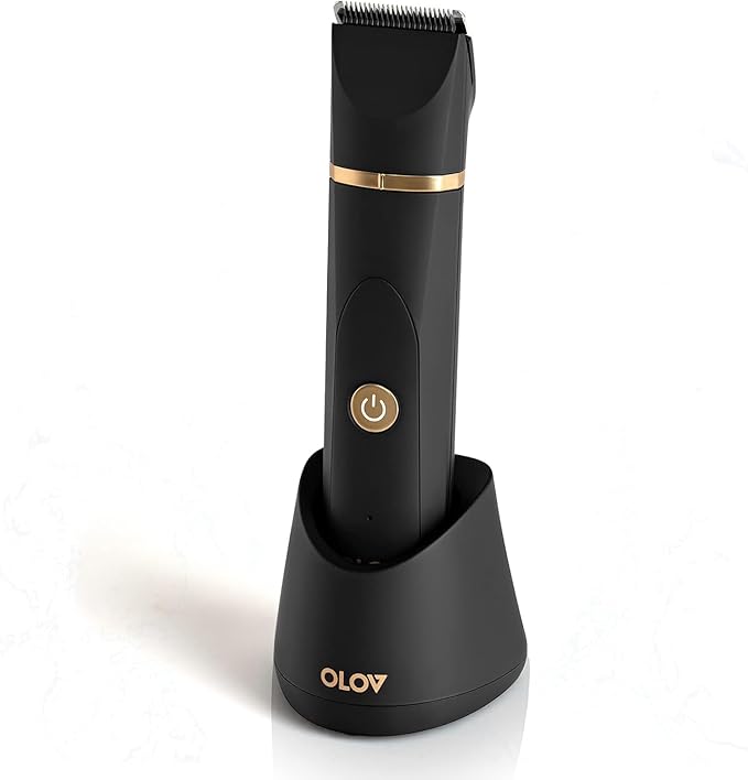 OLOV Electric Body Hair Trimmer - Groin Trimmer for Men - Bikini Trimmer Women - Wet/Dry Shaver Groomer, Replaceable Ceramic Blade Heads, USB Recharge Dock, Waterproof Hygiene Razor,Black