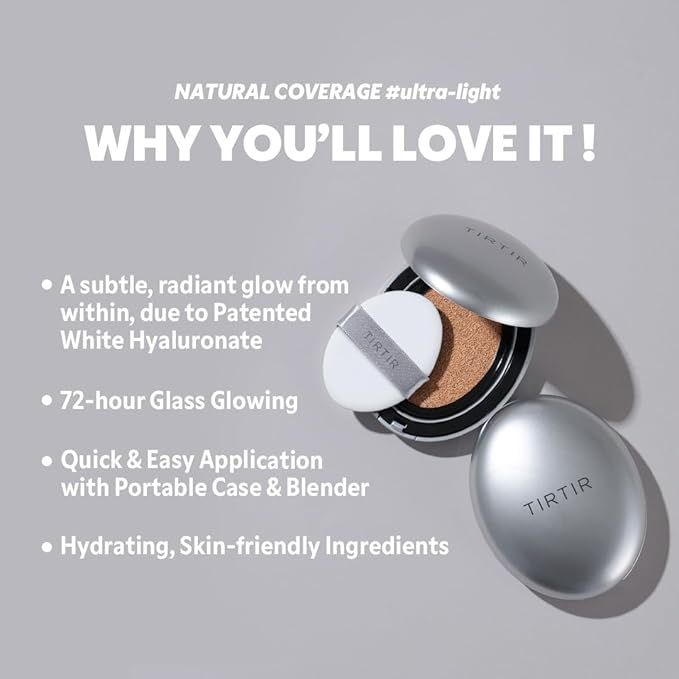TIRTIR Mask Fit Aura Silver Cushion Foundation | Semi-glow Finish, Natural Coverage, Moisturizing, Lightweight, Korean cushion foundation (#33N Macchiato, Full Size, 0.63 Fl Oz)