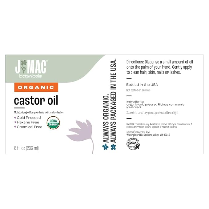 J MAC BOTANICALS, Organic Castor Oil Cold Pressed (Glass Bottle, 8 oz) pure unrefined, hexane free for face, skin, eyelashes, pack wraps, pads