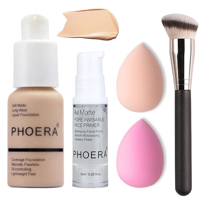 BestLand 5PCS Liquid PHOERA Foundation Set Matte Liquid Full Coverage Oil Control Breathable Invisible Cover Concealer with Face Primer, Foundation Brush, Makeup Sponge (102 Nude)