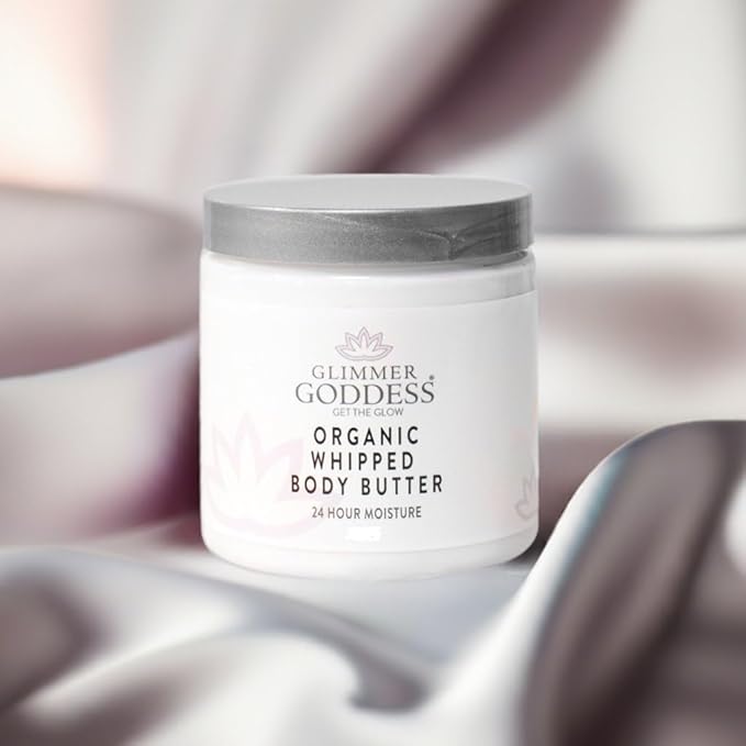 Glimmer Goddess Organic Whipped Body Butter for Women - Moisturizer Cream with Shea & Cocoa Butter, Almonds & Coconut Oil - Salted Caramel, 8oz