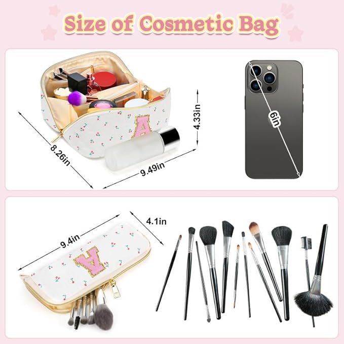 Personalized Travel Makeup Bag Set,Initial Travel Cute Cherry Makeup Organizer Bag,Toiletry Skincare Cosmetic Bag,Christmas Gifts for Women/Girls,Open Flat Toiletry Pouch with Brush Pocket-E
