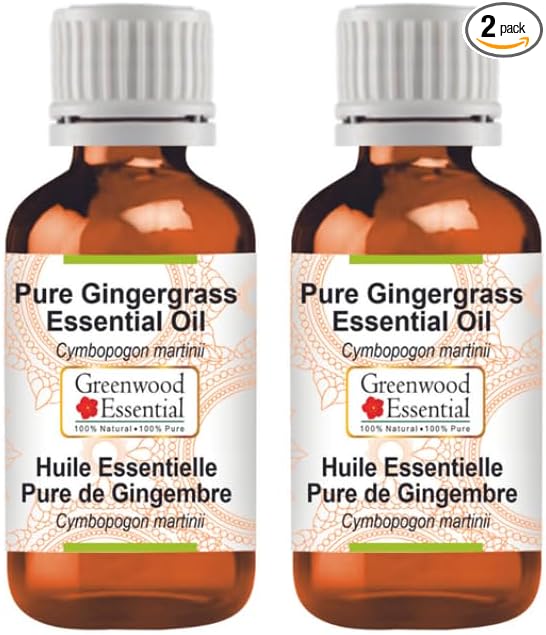 Greenwood Essential Pure Gingergrass Essential Oil (Cymbopogon martinii) Steam Distilled (Pack of Two) 15ml X 2 (1 oz)