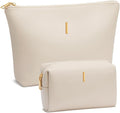 Women Gifts | Initial Makeup Bag Set for Girl Personalized Gifts for Bridesmaid Friend Graduation Teachers PU Leather Cosmetic Travel Toiletry Bag(Beige,I)