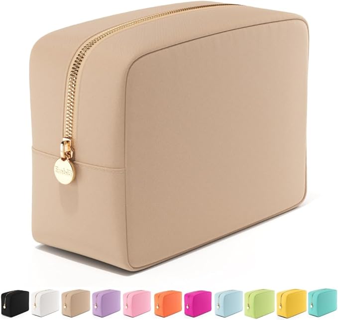 Embla Makeup Bag Travel Cosmetics Pouch and Toiletry Bag, Nylon Zipper Pouch Purse, Cute Make Up Organizer Storage Tote for Women Girls, Waterproof Travel Skincare Case, Large Makeup Bags, Sand