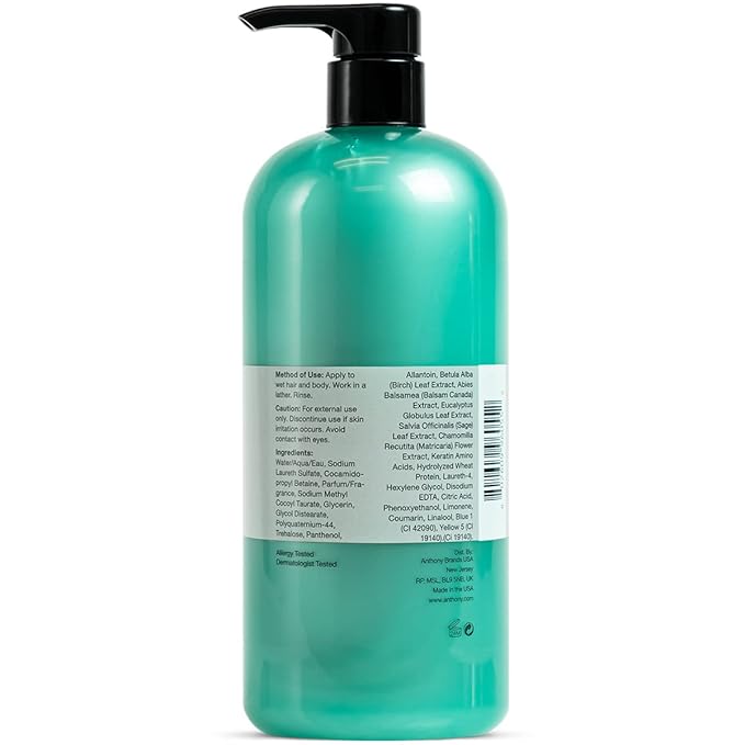 Anthony Mens Body Wash and Shampoo: Invigorating Rush 2-In-1 Liquid Gel Soap & Hair Shampoo, Pine Wood Scent, Hydrating with Eucalyptus, Canadian Balsam, Birch Leaf, Charcoal, Sea Kelp, 32 Fl. Oz