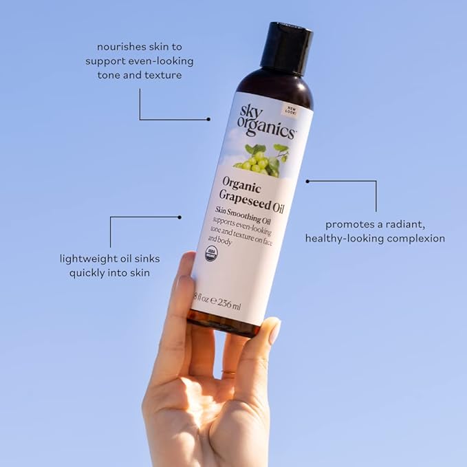 Sky Organics Organic Grapeseed Oil, Skin Smoothing Oil to Support Healthy and Even-Looking Skin Tone and Texture on Face and Body, for All Skin Types, 100% Pure & Cold-Pressed, 8 fl. Oz