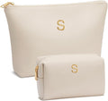 Women Gifts | Initial Makeup Bag Set for Girl Personalized Gifts for Bridesmaid Friend Graduation Teachers PU Leather Cosmetic Travel Toiletry Bag(Beige,S)