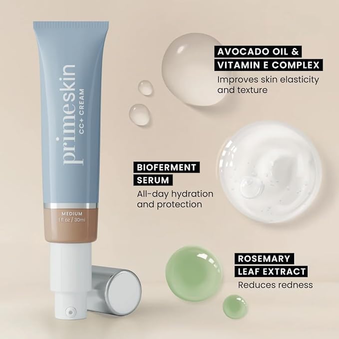 Prime Prometics PrimeSkin CC+ Cream for Mature Women – Lightweight Liquid-to-Powder Foundation – Blurs Pores & Covers Age Spots – Crease-Free, Hydrating & Soft-Matte Finish for Sensitive Skin (Light)