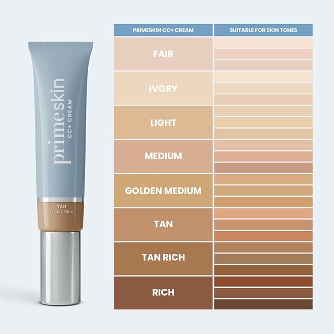 Prime Prometics PrimeSkin CC+ Cream for Mature Women – Lightweight Liquid-to-Powder Foundation – Blurs Pores & Covers Age Spots – Crease-Free, Hydrating & Soft-Matte Finish for Sensitive Skin (Tan)
