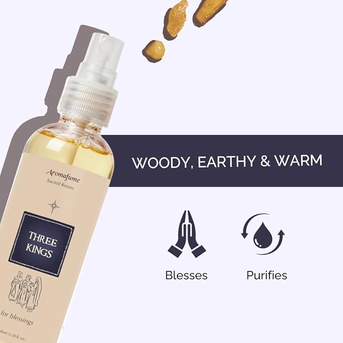 Three Kings Natural Resin Mist Spray by Aromafume | 1 x 100ml / 3.38 fl oz | Ideal for Spirituality & Rituals | Made with Pure Boswellia, Serrta & Benzoin extracts | Non-Alcoholic, Non-Toxic & Vegan