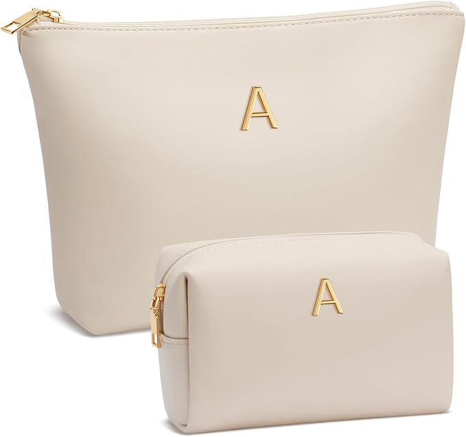 Women Gifts | Initial Makeup Bag Set for Girl Personalized Gifts for Bridesmaid Friend Graduation Teachers PU Leather Cosmetic Travel Toiletry Bag(Beige,A)