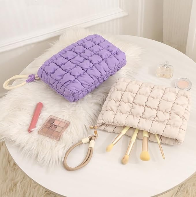 DOB SECHS Puffer Quilted Makeup Bag with Handle, Cute Puffy Cotton Cosmetic Bags for Women, Mini Checkered Toiletry Zipper Pouch, Travel Essentials Storage Organizer Clutch Pouches Pencil Case, Orange