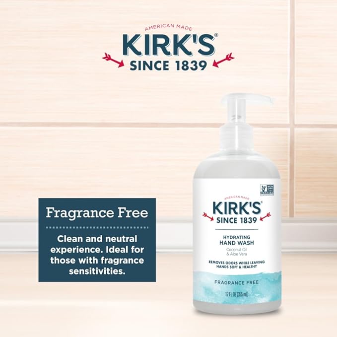Kirk's Hydrating Hand Wash - Made with Coconut Oil and Aloe Vera, With Odor Neutralizing Technology To Help Eliminate Odors, Non-GMO, Vegan, Fragrance Free, 12 Fl Oz.