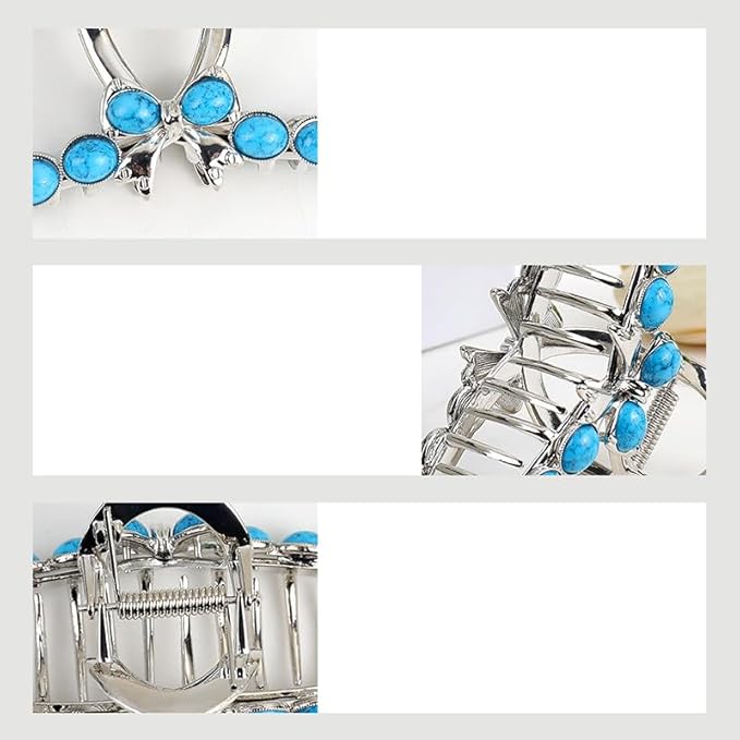 SINIDE Turquoise Blue Stone Hair Claw Clips, Large Metal Retro Bowknot Claw Clip for Women Strong Hold Non-Slip Catch Barrette Jaw Clamp for Long Thick Hair, Fashion Styling Accessories (2 Pack)