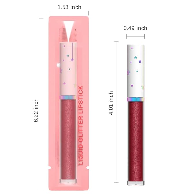 evpct 1Pcs Dark Red Metallic Shimmer Glitter Lip Gloss Liquid Lipstick Long Lasting Waterproof 24, Glitter Pearlescent Metallic Sparkly Glossy Liquid Lipsticks Lip Stain Makeup Set for Women 10#