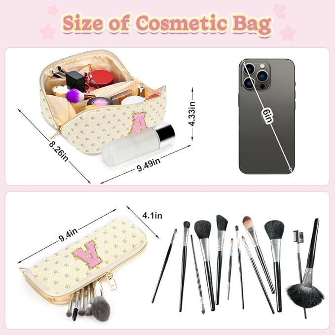 Personalized Travel Makeup Bag Set,Initial Travel Cute Floral Makeup Organizer Bag,Toiletry Skincare Cosmetic Bag,Christmas Gifts for Women/Girls,Open Flat Toiletry Pouch with Brush Pocket-C
