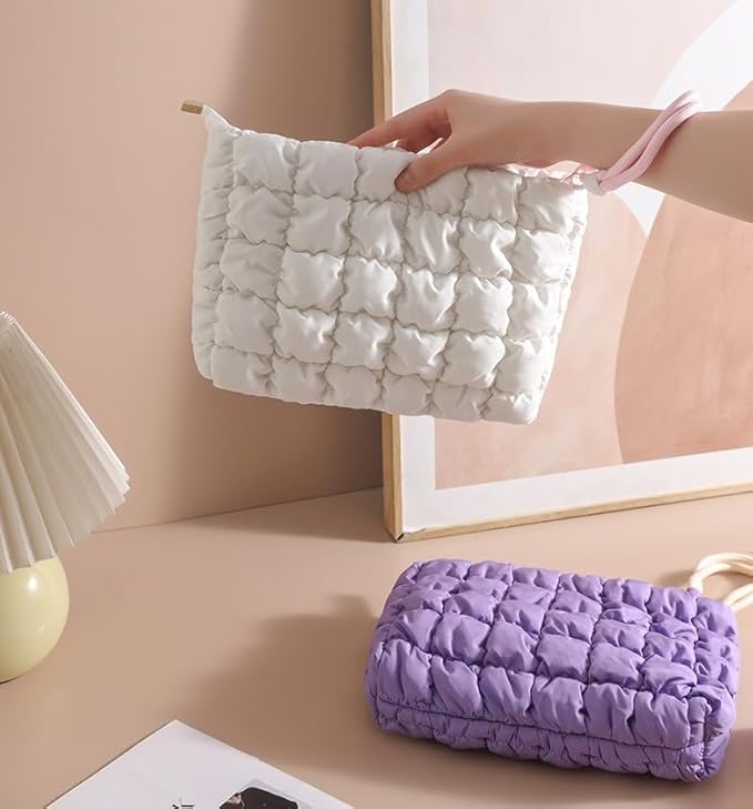 DOB SECHS Puffer Quilted Makeup Bag with Handle Detachable Cute Puffy Cotton Cosmetic Bag, Small Toiletry Zipper Make Up Pouch Purse, Checkered Storage Organizer Clutch Bag, Travel Pouches Case, Blue