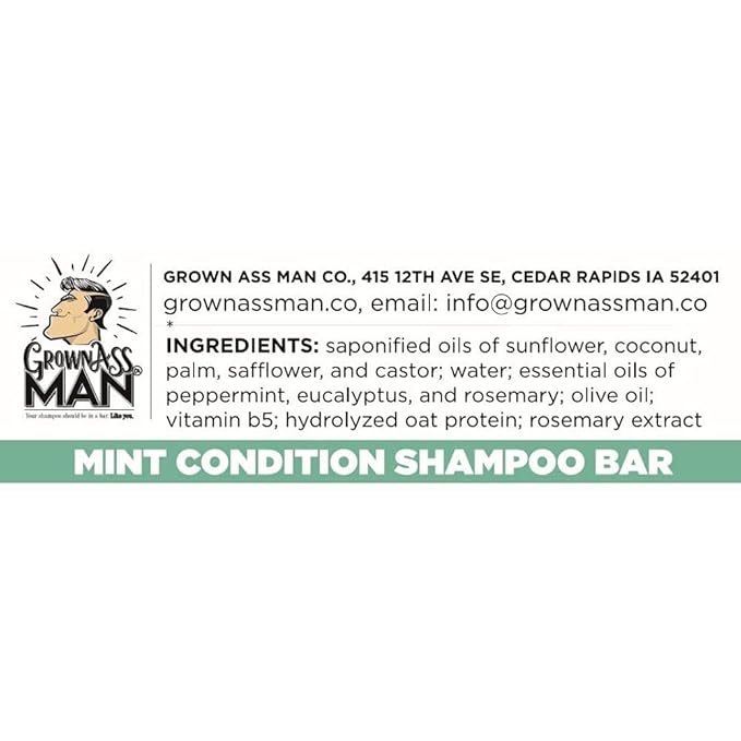 Grown Ass Man Co. - Solid Shampoo Bar Rich Lather 3 in 1: Hair, Beard & Body Wash - Plastic Free & Eco-Friendly, Natural & Organic Clean for All Hair Types, 4oz Bar (Mint Condition, 6-Pack)