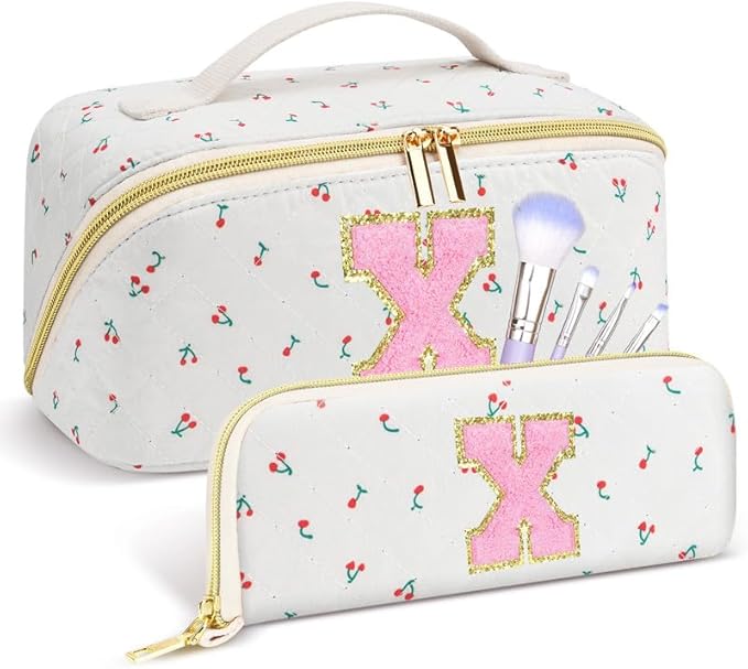 Personalized Travel Makeup Bag Set,Initial Travel Cute Cherry Makeup Organizer Bag,Toiletry Skincare Cosmetic Bag,Christmas Gifts for Women/Girls,Open Flat Toiletry Pouch with Brush Pocket-X