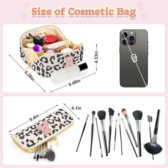 Personalized Travel Makeup Bag Set,Initial Travel Cute Leopard Makeup Organizer Bag,Toiletry Skincare Cosmetic Bag,Christmas Gifts for Women/Girls,Open Flat Toiletry Pouch with Brush Pocket-O