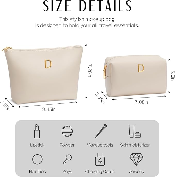 Women Gifts | Initial Makeup Bag Set for Girl Personalized Gifts for Bridesmaid Friend Graduation Teachers PU Leather Cosmetic Travel Toiletry Bag(Beige,D)