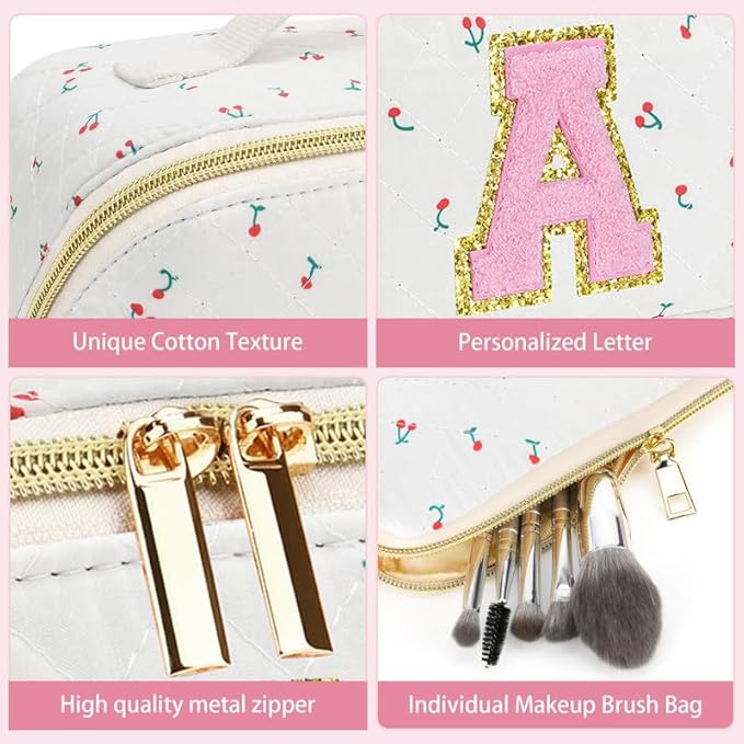 Personalized Travel Makeup Bag Set,Initial Travel Cute Cherry Makeup Organizer Bag,Toiletry Skincare Cosmetic Bag,Christmas Gifts for Women/Girls,Open Flat Toiletry Pouch with Brush Pocket-F