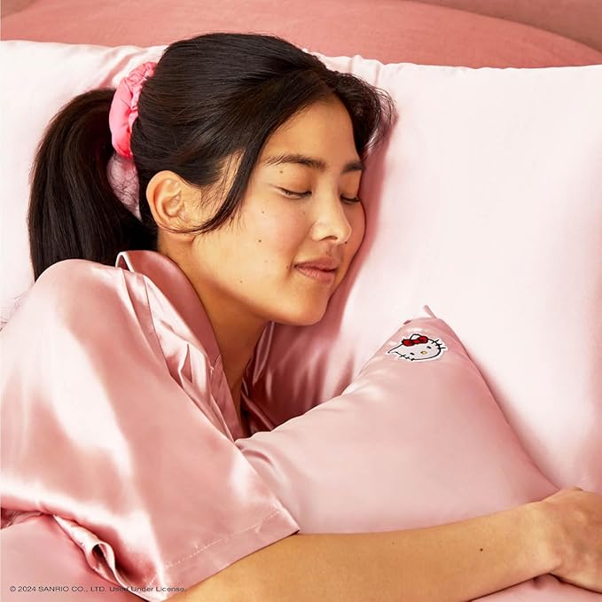 Kitsch x Hello Kitty Satin Pillowcase with Zipper for Hair Skin, Softer Than Silk Pillow Cases, Wrinkle-Free, Cooling Satin Pillow Covers, Solid Pink Kitty Face, Standard Size (19x26)