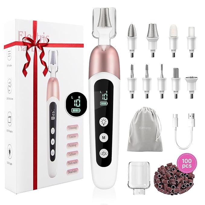 2 Pack 9-in-1 Digital Display Nail Grinder with 100 Sanding Bands - Adjustable Speed Electric Manicure Tool for Acrylic Nails, Callus Removal & Gel Polish - Professional Home Pedicure Kit