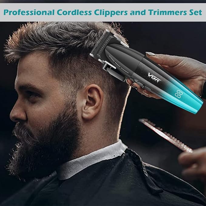 VGR 640S2 Professional Hair Clippers for Men, 9000RPM Cordless Barber Clippers and Trimmers Set, Zero Gap T-Blade Hair Cutting Kit, DLC Coated Ceramic Blade Barber Kit with LED Display(Green)