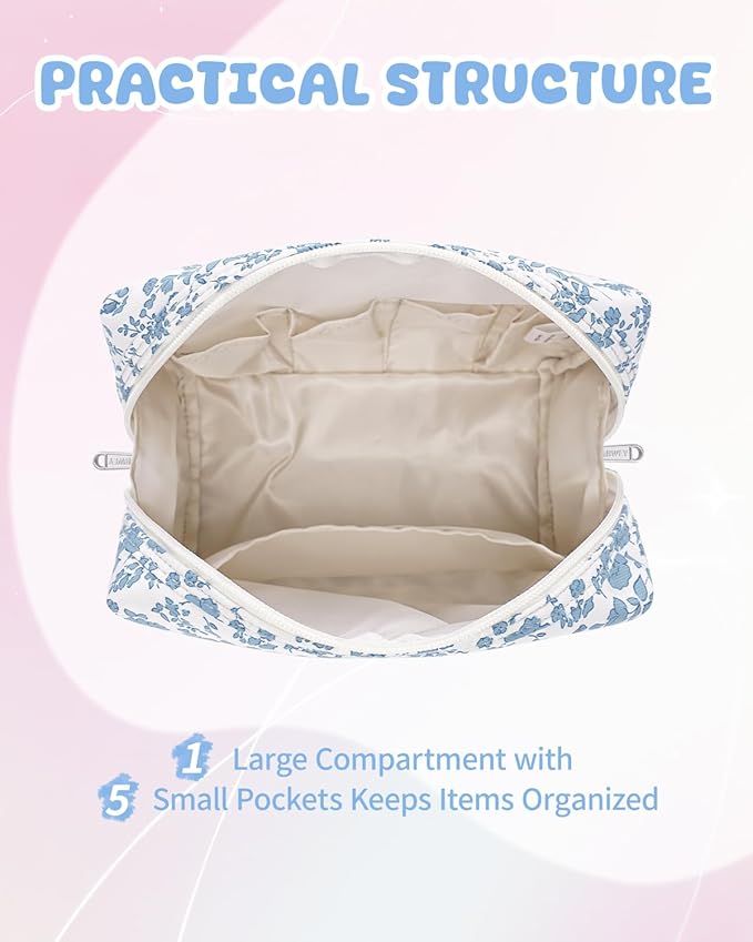 Narwey Christmas Gifts for Teen Girls Kids Women Personalized Initial Floral Makeup Bag Cute Cosmetic Trendy Stuff 6 8 10 11 12 13 14 16 18 Years Old Travel Toiletry Bag (Little Blue Flower A)