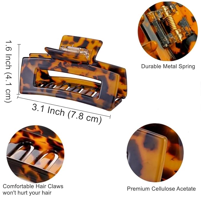 Hair Claw Clip, 3 Inch Tortoise Shell Cellulose Acetate, French Design Rectangle Hair Clip for Women Ladies Girls, Pack of 2