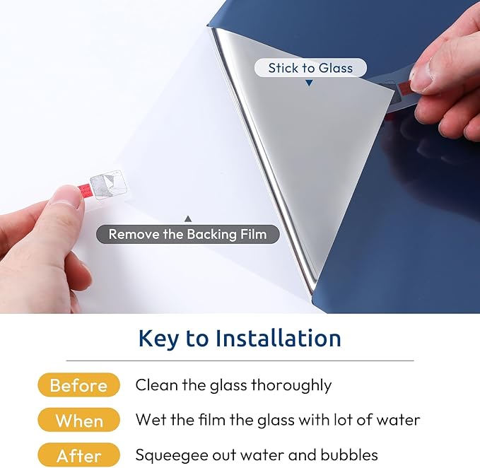 rabbitgoo Window Privacy Film One Way Window Tint for Home, Removable Reflective Heat Sun Blocking Anti UV Glass Door Covering, Mirror Tinting Film House Office, 35.4 in X 16.4 Feet, Blue Silver