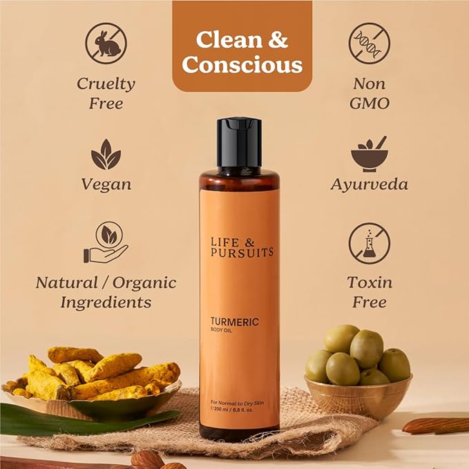 Life & Pursuits Turmeric Body Oil - Ayurvedic Natural Body Massage Oil with Vitamin E, Coconut Oil, Almond & Squalane| Reduces Dark Spots, Brightens Skin (6.8 Fl Oz (1Pack))