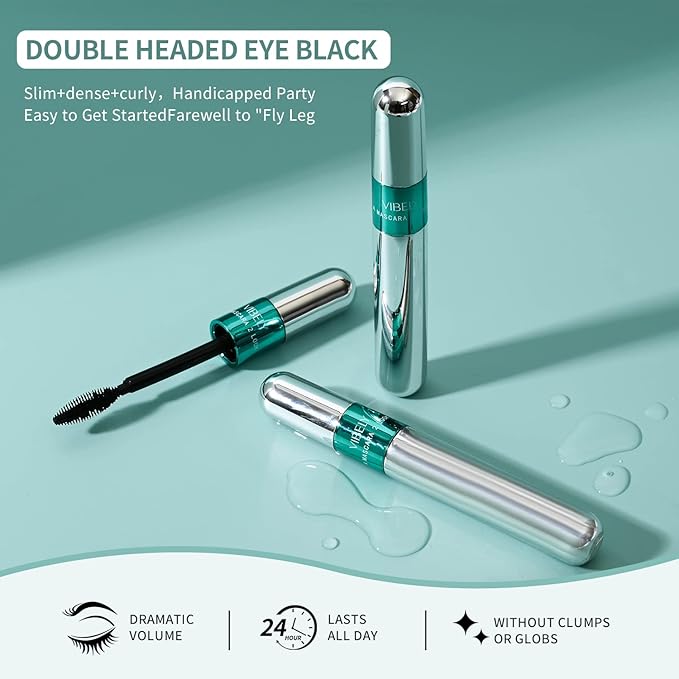 2 in 1 Mascara 5x Longer Waterproof Lash Cosmetics Natural Lengthening and Thickening Effect No Clumping Superstrong Magic 4d Silk Fiber for Vibely Mascara Makeup