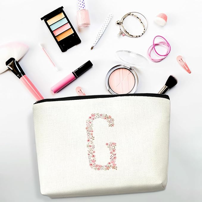 Initial Makeup Bag Floral G Personalized Cosmetic Bag Monogrammed Gifts for Women Girls Bride Grandma Monogram Zipper Pouch for Teacher Appreciation Mothers Day Birthday Wedding Bridal Shower Gifts