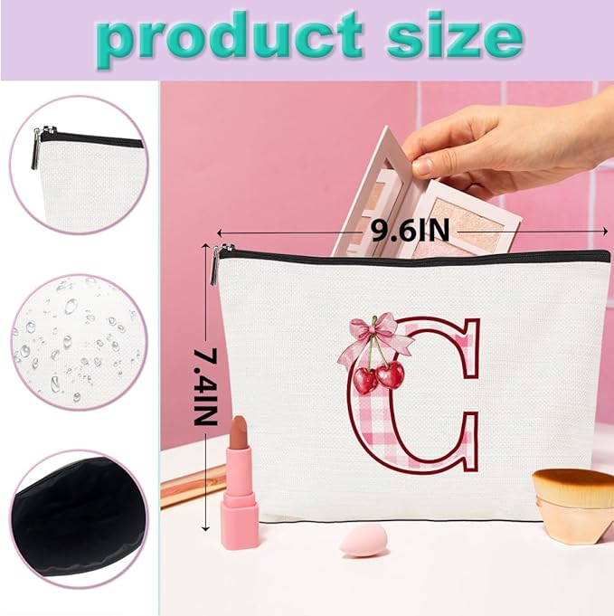 Initial Makeup Bag Monogram Cosmetic Bag Monogrammed Gifts for Women Girls Friends Coworker Sisters Personalized Travel Toiletry Bag Christmas Bridal Shower Wedding Bridesmaid Gifts, Cherry C