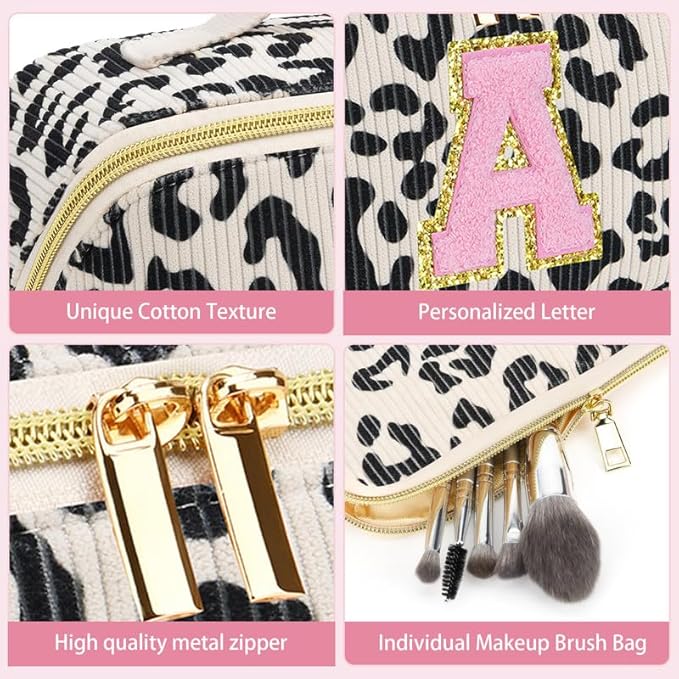 Personalized Travel Makeup Bag Set,Initial Travel Cute Leopard Makeup Organizer Bag,Toiletry Skincare Cosmetic Bag,Christmas Gifts for Women/Girls,Open Flat Toiletry Pouch with Brush Pocket-P