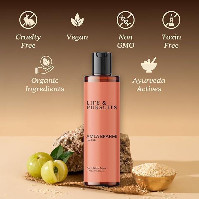 Life & Pursuits Amla Brahmi Oil for Healthy Hair & Scalp - 6.8 Oz Natural, Indian Ayurveda Blend with Coconut, Castor, Sesame, Triphala, Gotukola