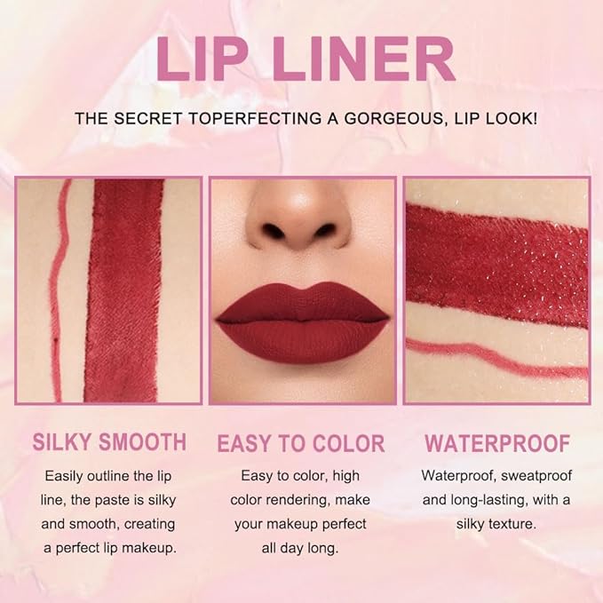 Kaely 2-in-1 Dark Wine Red Lip Liner & Lipstick Set Kit for Women, Matte Lips Kit with Lip Liner Lip Stains Long Lasting Waterproof 24 Hour Lipstick and Lip Liners Combo Lipliners Pencil Set 09