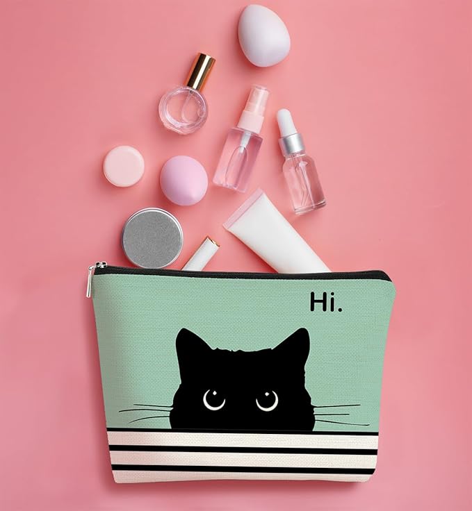 Cute Makeup Bag - Cat Gifts for Lovers, Black Kitty Cosmetic Bag, Makeup Pouch (Teal)