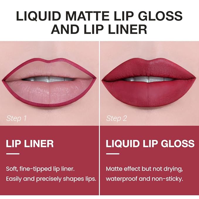AMY'S DIARY Lip Gloss and Lip Liner Set – Matte Liquid Lipstick with Matching Lip Pencil – Rose Red, Berry, Wine Red Shades – Long Lasting, Waterproof, Non-Sticky Lip Makeup Kit for Defined Lips