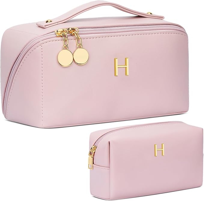 Birthday Gifts for Women Teen Girl, Personalized Initial Makeup Organizer Bag Set, Open Flat Travel Cosmetic Bag With Clear Divider and Handle(Pink,H)