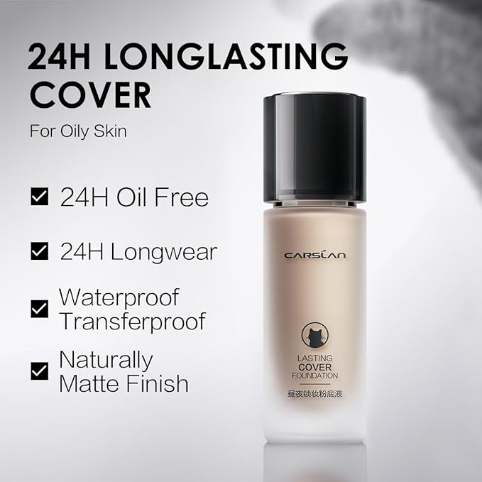 CARSLAN Lasting Cover Foundation, 24H Longlasting Full Coverage Matte Finish Face Makeup, Poreless, Lightweight, Waterproof, Oil Free Liquid Foundation, N01