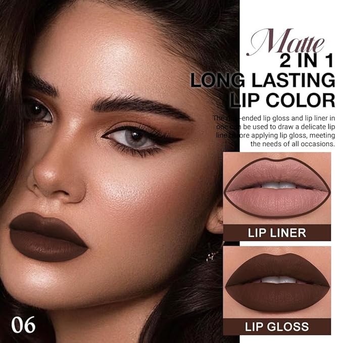 Kaely 2-in-1 Matte Lipstick and Lip Liner, Liquid Lip Stain Makeup for women Long Lasting Waterproof Smudge Proof, labiales matte mate larga duracion listip 24 hours originales, 06 Chocolate