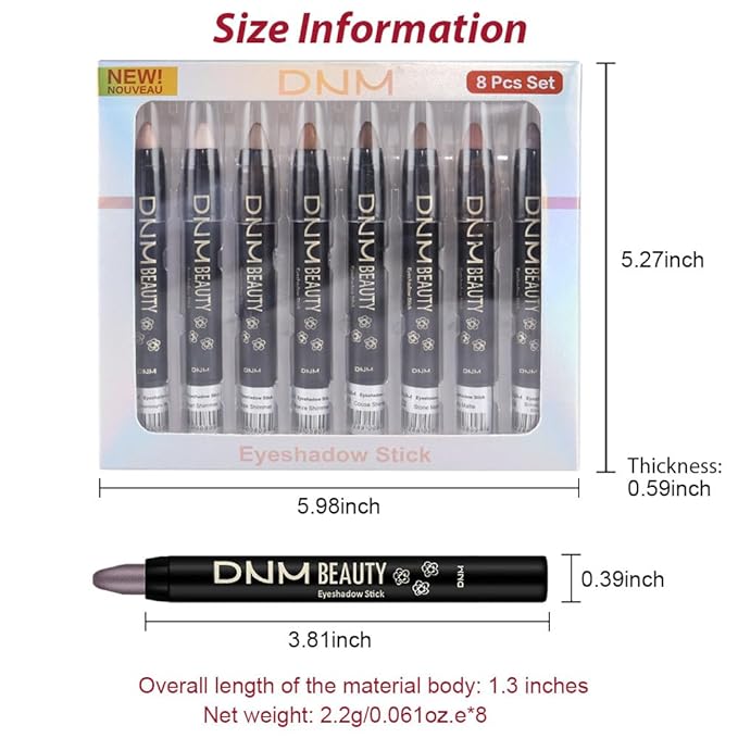 8Pcs Cream Eye Shadow Brightener Stick Makeup Set, Champagne Pearl Taupe Bronze Cocoa Stone Putty Smoky Amethyst Shimmer Matte Eyeshadow Eyeliner Pencil Applicator Stick Palette Makeup for Older Women