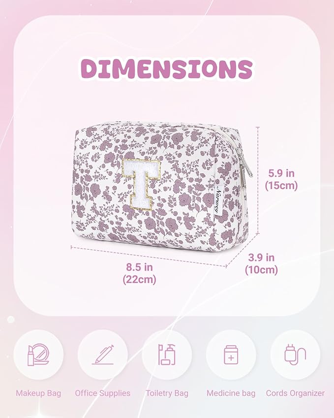 Narwey Birthday Gifts for Teen Girls Kids Women Personalized Initial Floral Makeup Bag Cute Cosmetic Trendy Stuff 6 8 10 11 12 13 14 16 18 Years Old Travel Toiletry Bag (Little Dusty Pink Flower T)