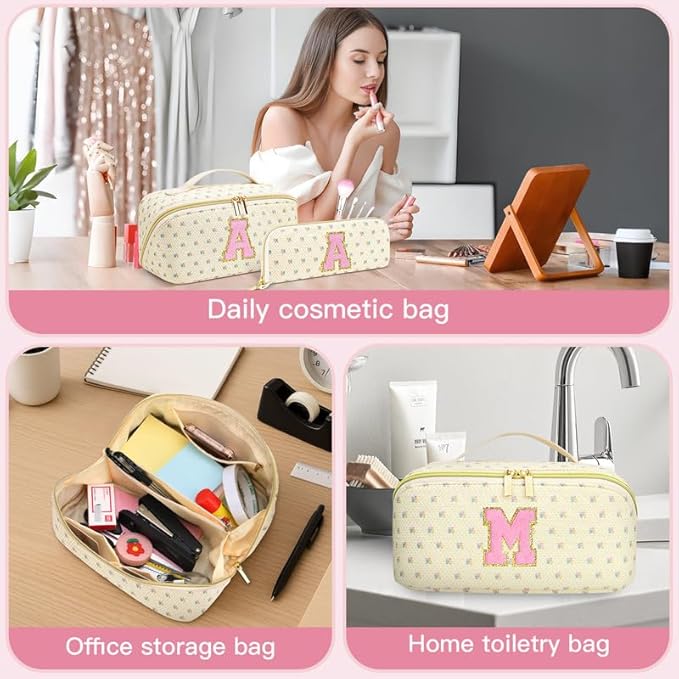 Personalized Travel Makeup Bag Set,Initial Travel Cute Floral Makeup Organizer Bag,Toiletry Skincare Cosmetic Bag,Christmas Gifts for Women/Girls,Open Flat Toiletry Pouch with Brush Pocket-L